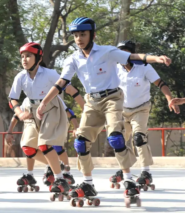 Students participating in roller-skating sports at Nalanda School Vadodara